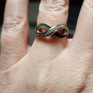 Elegant .925 Silver Infinity Ring with Sparkling Clear And Black Stone Accents